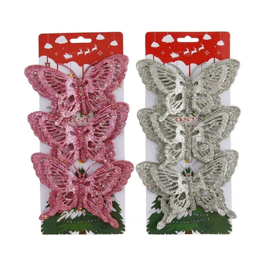 Set x3 Mariposas Navideñas Escarchadas