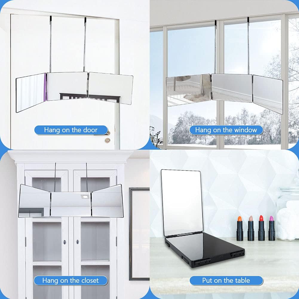 Espejo portátil triple de 3 vías, espejo de peluquero 360 para cortar el cabello, peinar, afeitar, arreglar, teñir y maquillaje con soportes de altura