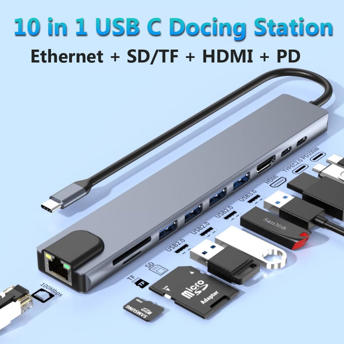 8 en 1 4K multipuerto tipo C a USB-C HDMI adaptador USB 3.0 Cable Hub