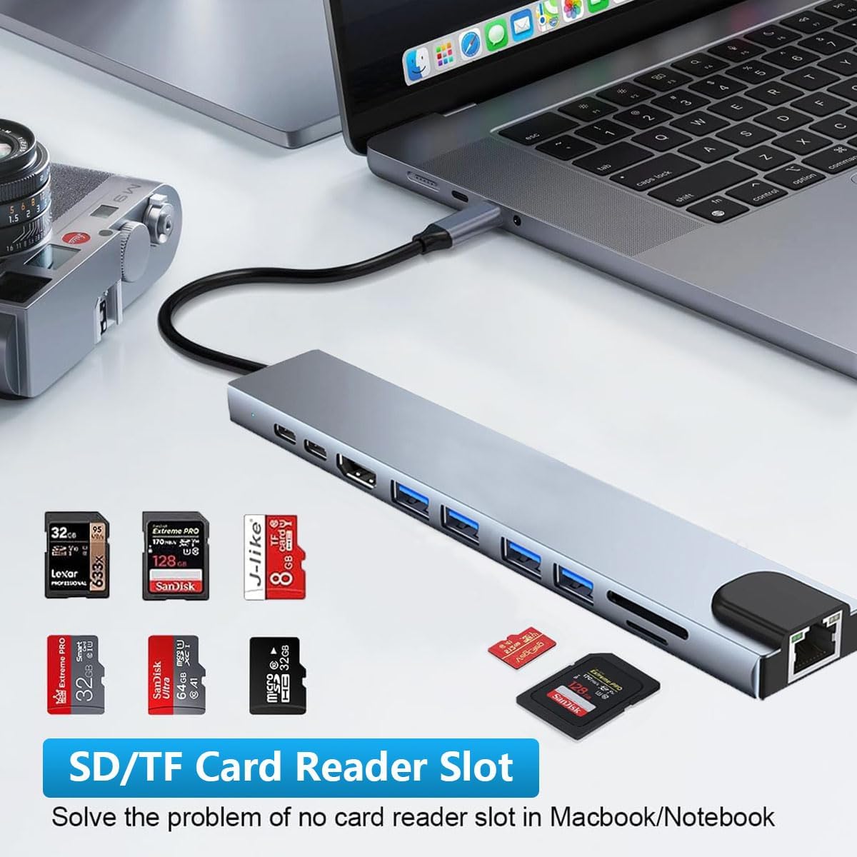 8 en 1 4K multipuerto tipo C a USB-C HDMI adaptador USB 3.0 Cable Hub