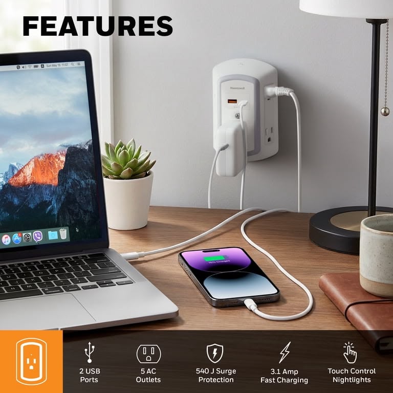 Honeywell Protector Contra Sobretensiones de Luz Nocturna LED de 5 Tomacorrientes y 2 USB para Pared