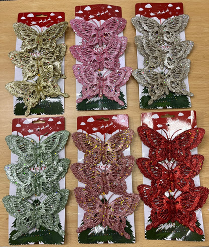 Set x3 Mariposas Navideñas Escarchadas
