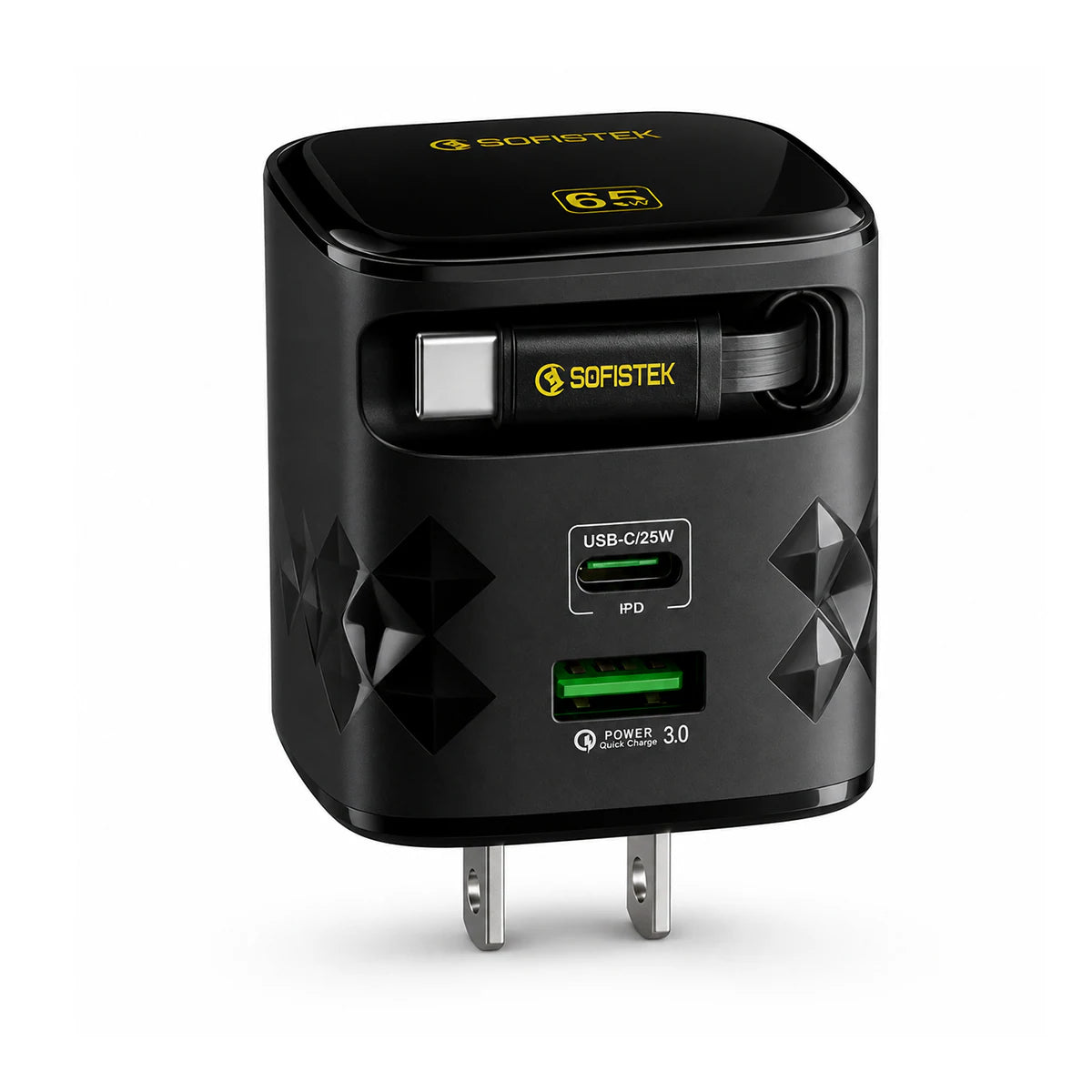 Cargador Sofistek AC-SKRT1 65W GaN con Cable Retráctil