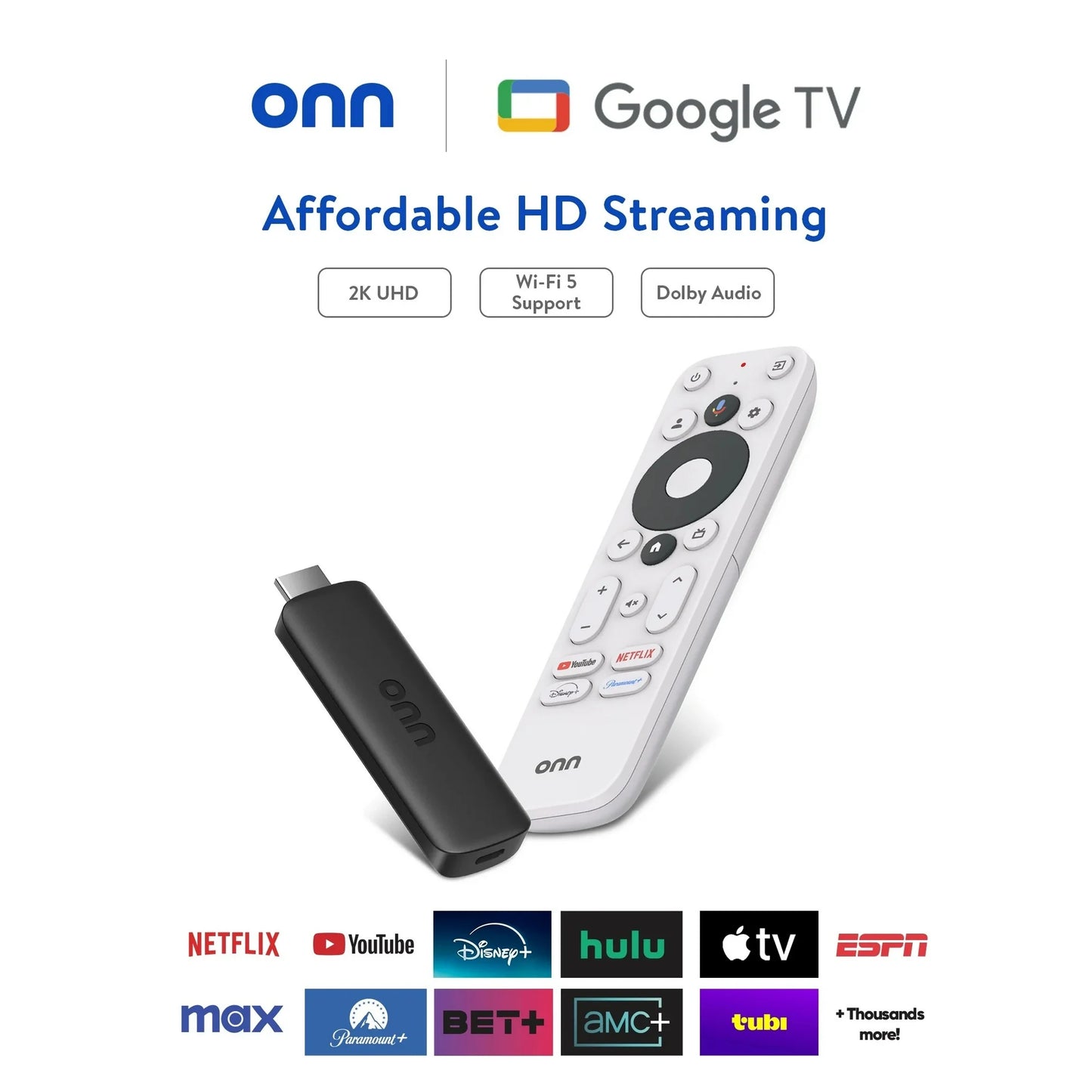 Original onn Google TV Dispositivo de Transmisión HD Completo, 2K FHD, Wi-Fi Rápido, Audio Dolby, Control por Voz Google TV