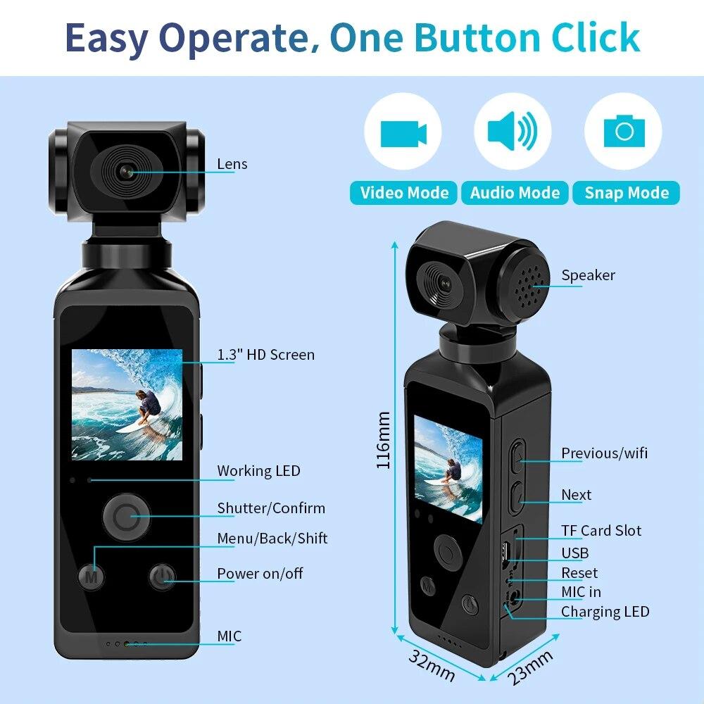 4K Pocket Action Camara 270° Wifi Mini Sports Cámara con estuche impermeable para casco, viajes, bicicleta, conductor, grabadora