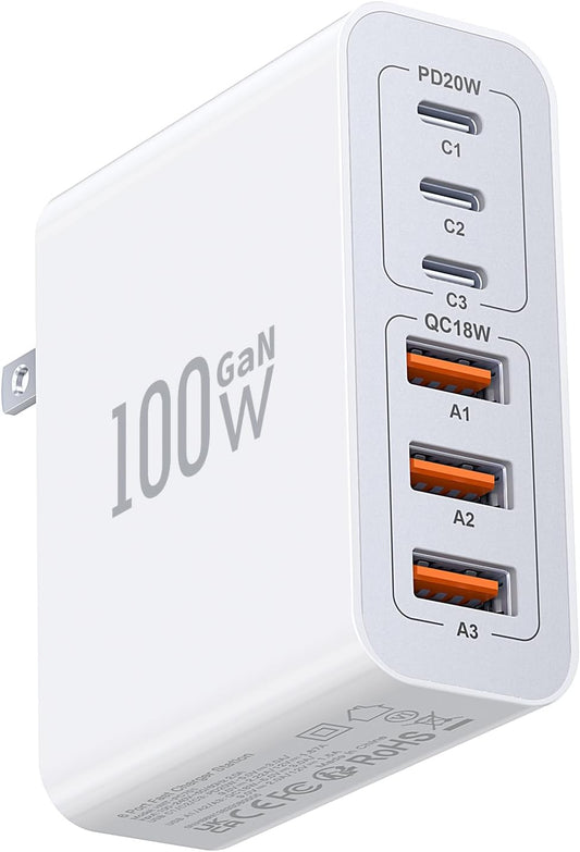 Adaptador de cargador USB C, 100 W GAN 6 puertos QC+PD 3.0 cargadores de pared tipo C enchufe de carga rápida de ladrillo portátil cubo Hub adaptador de corriente multipuerto para iPhone 16/15/14/13/12