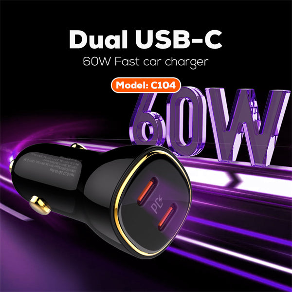 Cargador para Carro LDNIO C104 60W Doble USB-C PD Carga Rápida
