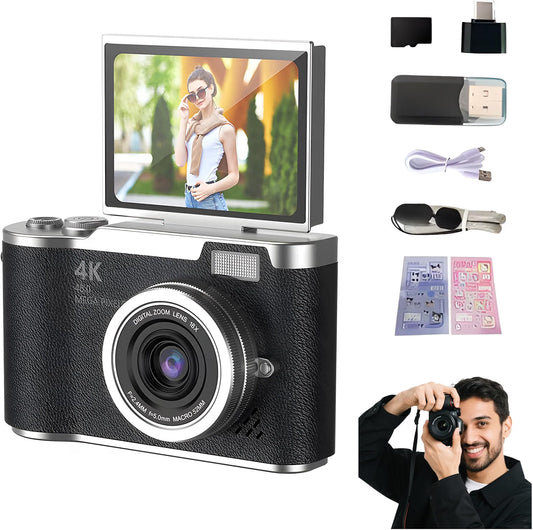 Cámara Digital Portátil CCD 4K Pantalla Abatible, Para Fotografia y Vlogs