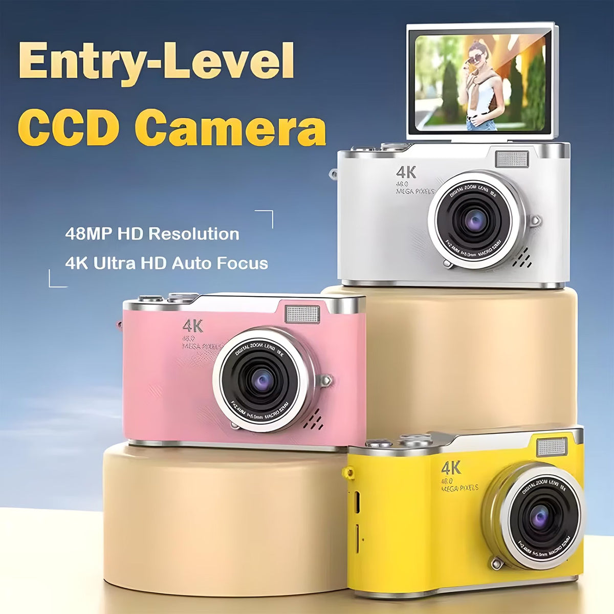 Cámara Digital Portátil CCD 4K Pantalla Abatible, Para Fotografia y Vlogs