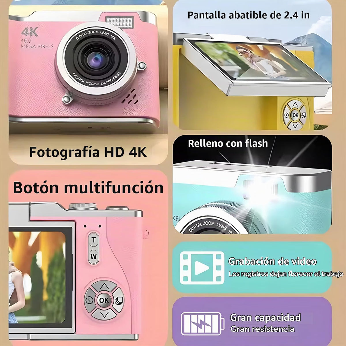 Cámara Digital Portátil CCD 4K Pantalla Abatible, Para Fotografia y Vlogs