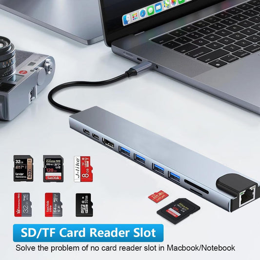 8 en 1 4K multipuerto tipo C a USB-C HDMI adaptador USB 3.0 Cable Hub