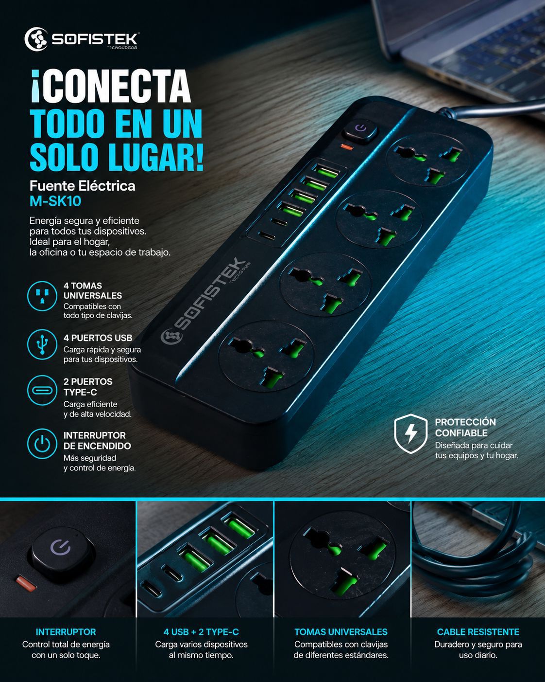 Fuente Electrica 10 En 1 | 4 Tomas + 4 USB + 2 Type-C