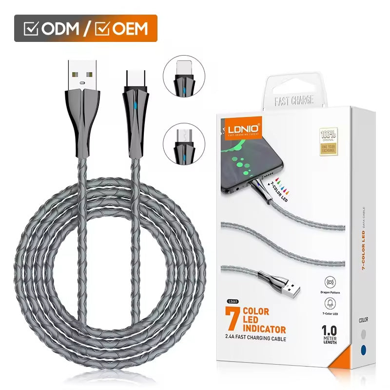 Cable USB LDNIO LS462 2m LED 7 Colores Carga Rápida