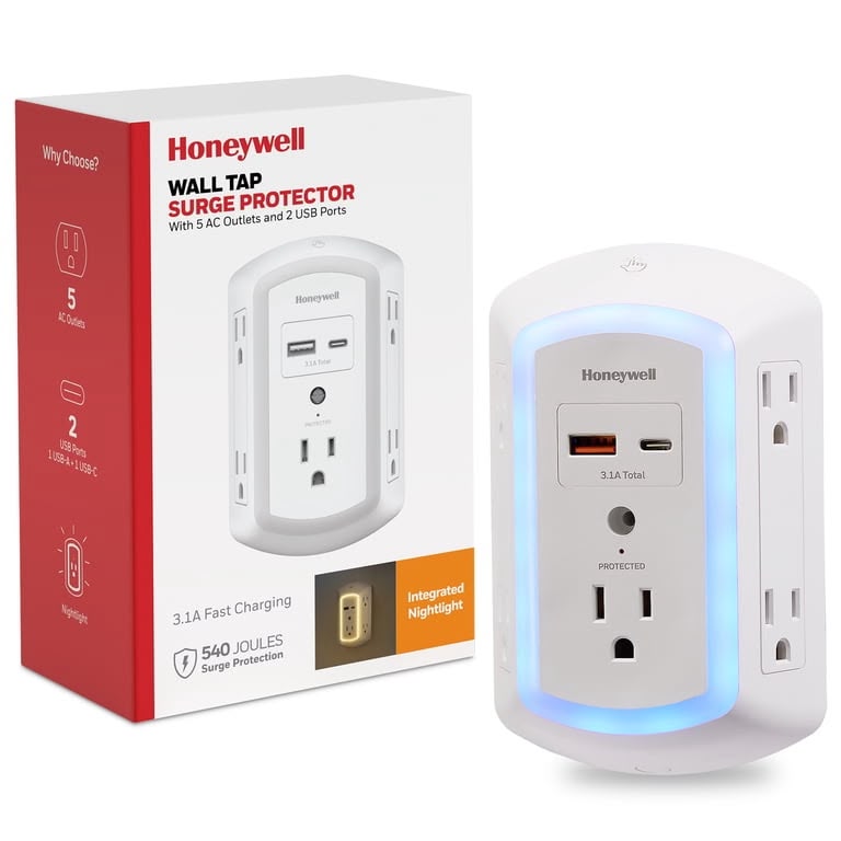 Honeywell Protector Contra Sobretensiones de Luz Nocturna LED de 5 Tomacorrientes y 2 USB para Pared
