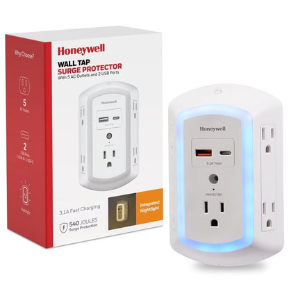 Honeywell Protector Contra Sobretensiones de Luz Nocturna LED de 5 Tomacorrientes y 2 USB para Pared