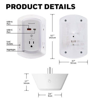 Honeywell Protector Contra Sobretensiones de Luz Nocturna LED de 5 Tomacorrientes y 2 USB para Pared