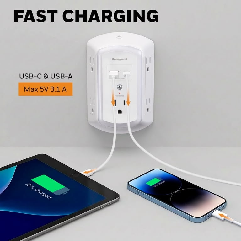 Honeywell Protector Contra Sobretensiones de Luz Nocturna LED de 5 Tomacorrientes y 2 USB para Pared