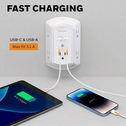 Honeywell Protector Contra Sobretensiones de Luz Nocturna LED de 5 Tomacorrientes y 2 USB para Pared