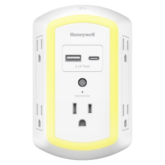 Honeywell Protector Contra Sobretensiones de Luz Nocturna LED de 5 Tomacorrientes y 2 USB para Pared