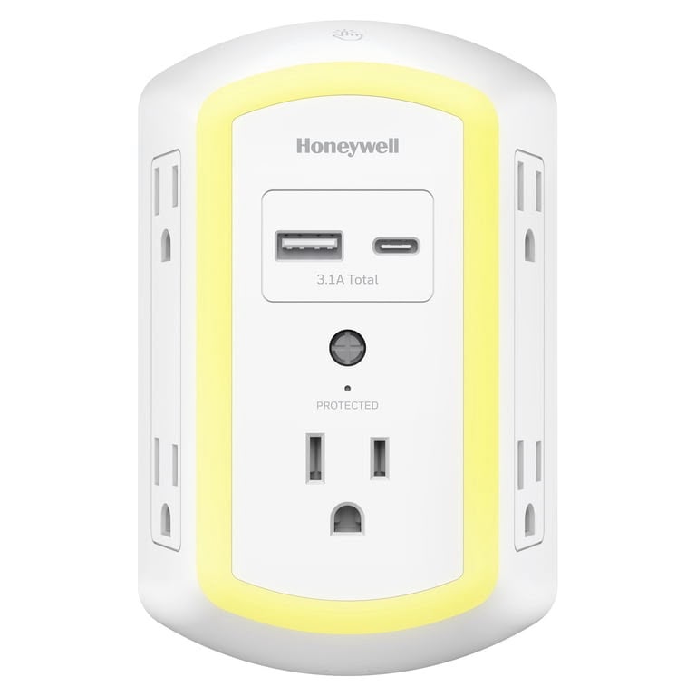 Honeywell Protector Contra Sobretensiones de Luz Nocturna LED de 5 Tomacorrientes y 2 USB para Pared