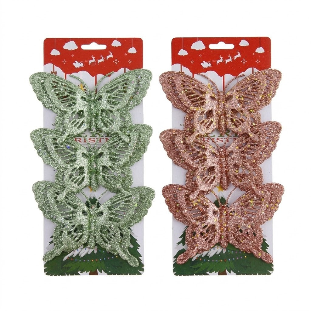 Set x3 Mariposas Navideñas Escarchadas