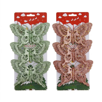 Set x3 Mariposas Navideñas Escarchadas